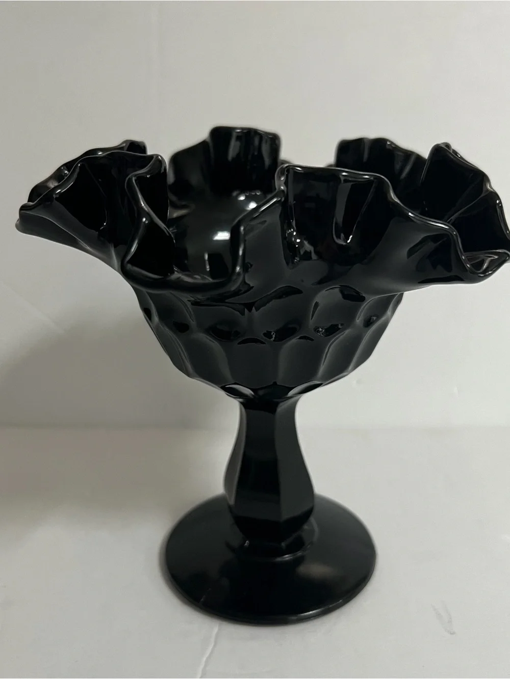 Glossy Black Ruffled Pedestal Compote
